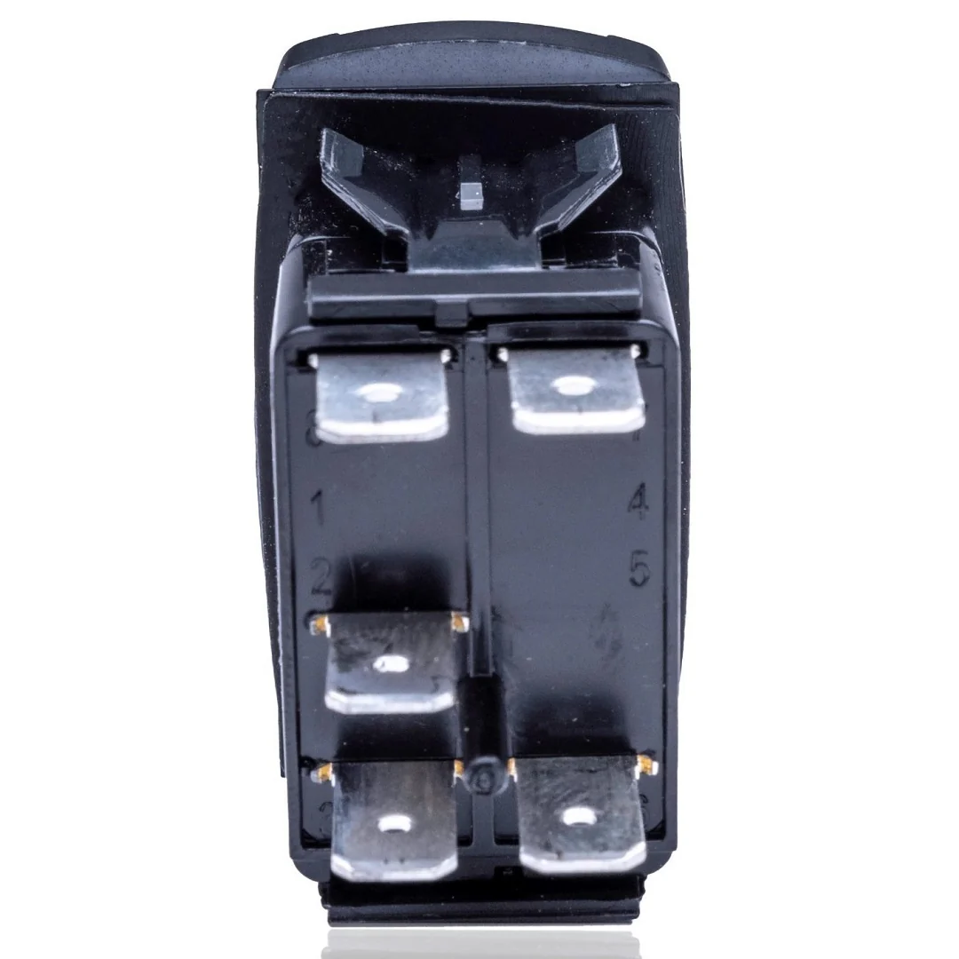 Black electrical rocker switch with metal connectors.