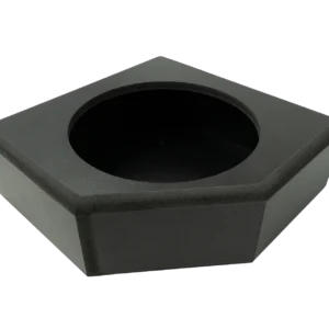 Black hexagonal object with circular opening.