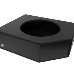 Black hexagonal box with circular opening.