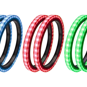 Colorful LED rings in blue, red, green.