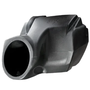 Black plastic automotive part on black background.