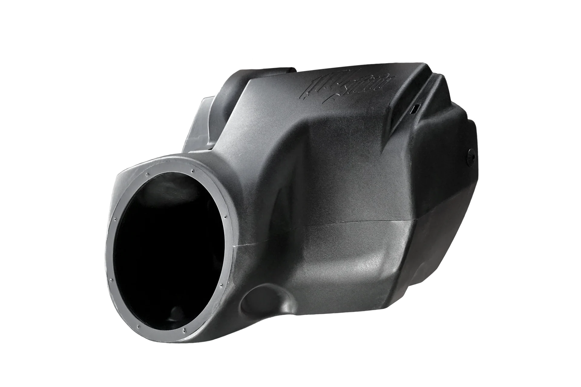 Black plastic automotive part on black background.