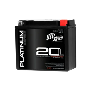 Black powersports battery on black background.