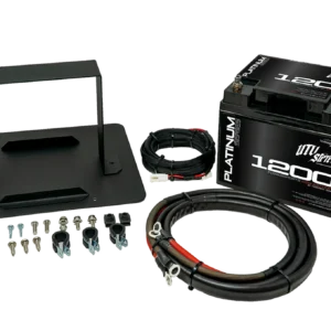 Battery and accessories kit on black background.