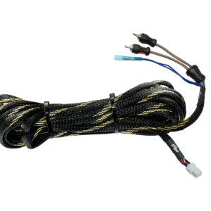 Coiled electronic cable with connectors, black background.