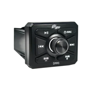 Car audio control panel on black background.