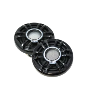 Two black round car audio speakers.