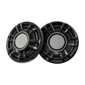 Two black round car speaker covers.