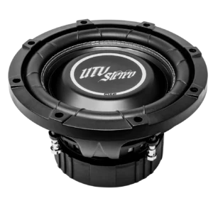 Black audio speaker on black background.
