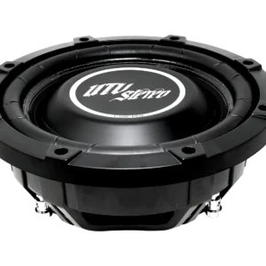 Black car subwoofer on a dark background.