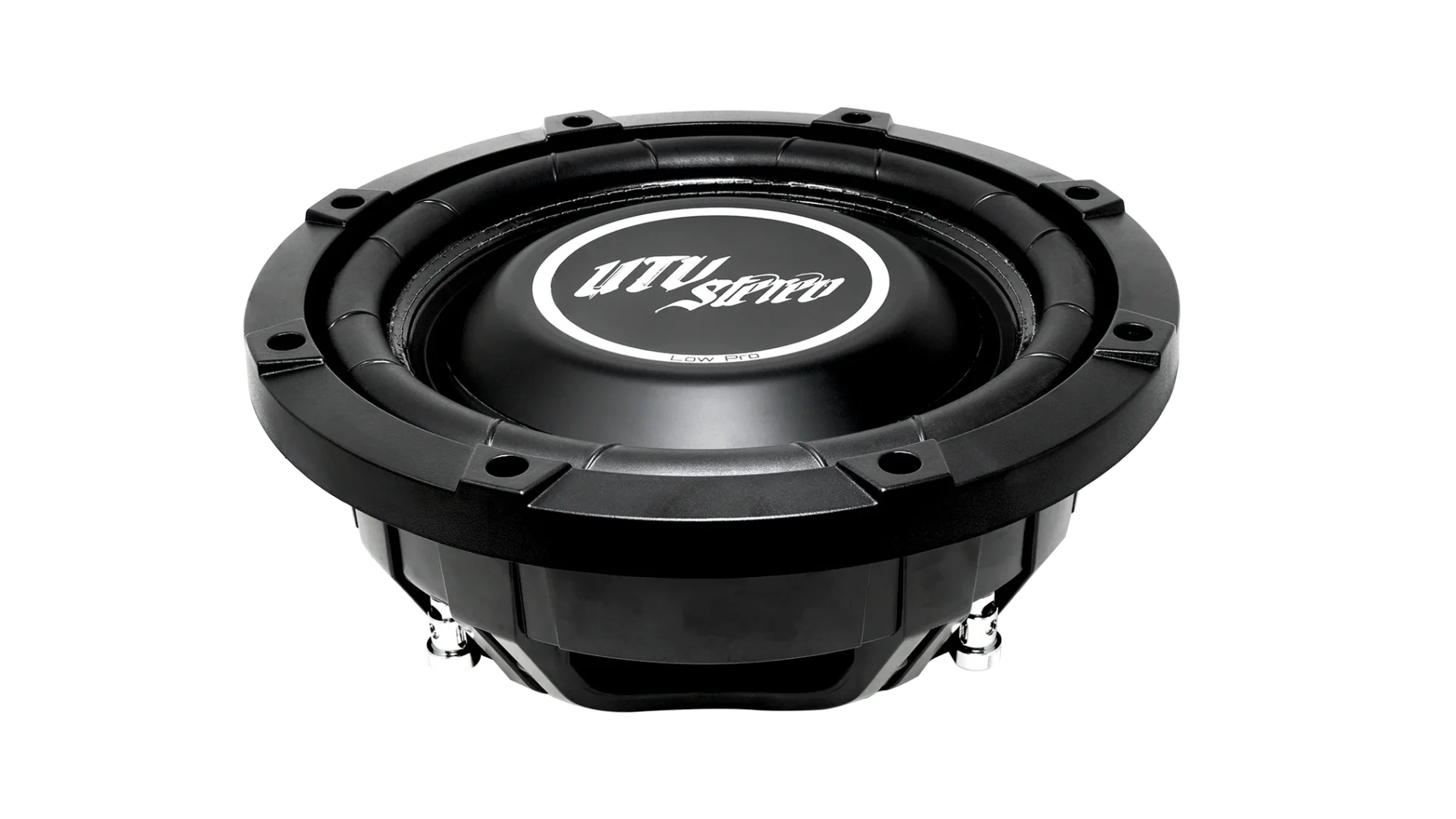 Black car subwoofer on a dark background.