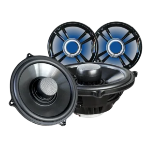 Car audio speakers with blue accents.