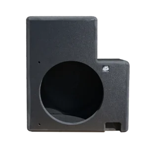 Black speaker box on a black background.