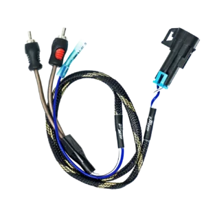Car audio wiring harness on black background.