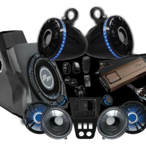 Car audio system components on black background.