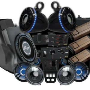 Audio equipment components on a black background.