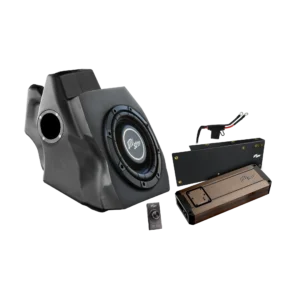Car audio components on black background.