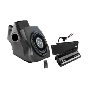 Black UTV subwoofer enclosure with amplifier