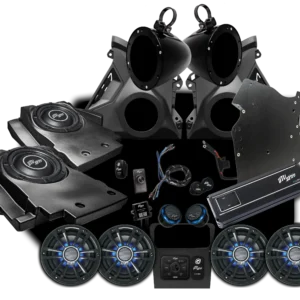 Car audio system components on display.