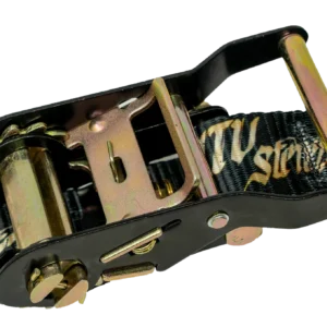 Ratchet strap with black and gold design.