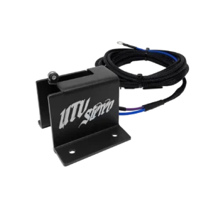 UTV bracket with wiring harness on black background.
