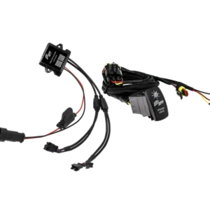 Wiring harness and connectors on black background.