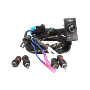 Audio cables and control knob on black background.