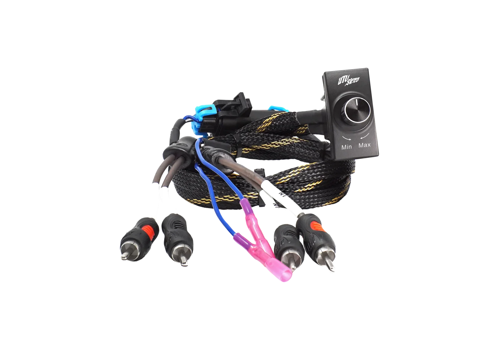 Audio cables and control knob on black background.