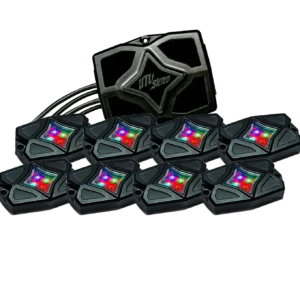 Colorful LED car lights on black background.