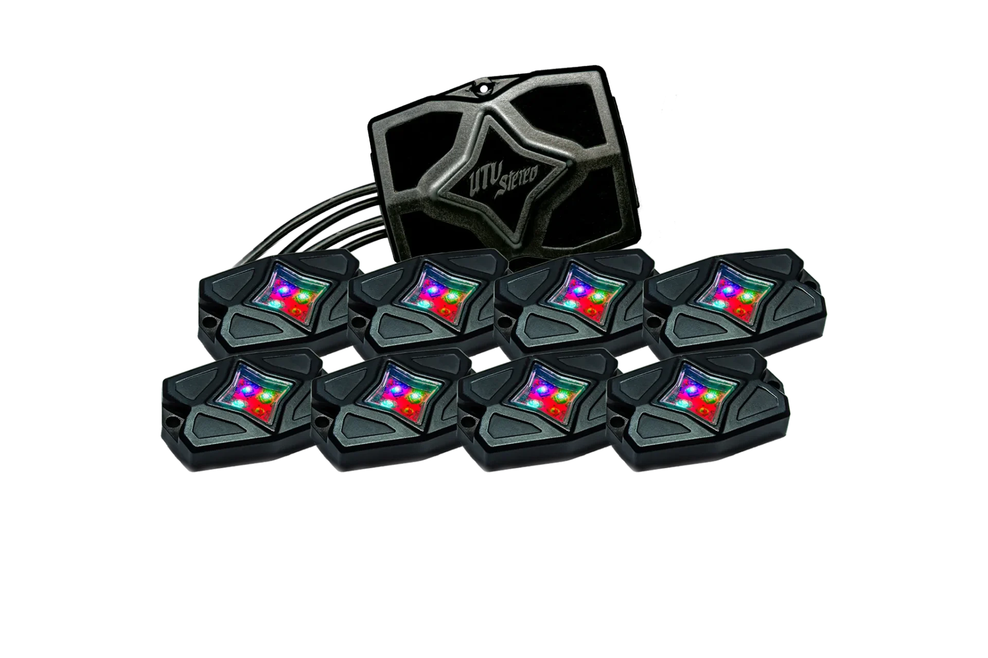 Colorful LED car lights on black background.
