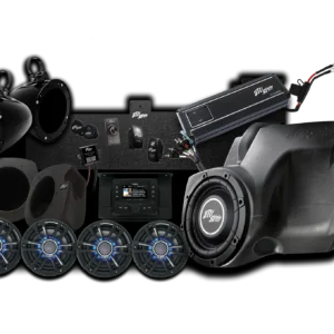 Audio equipment set including speakers and amplifier.