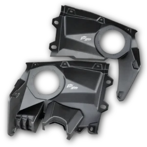Black plastic automotive parts on black background.