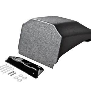 Motorcycle fender with screws and mounting hardware.
