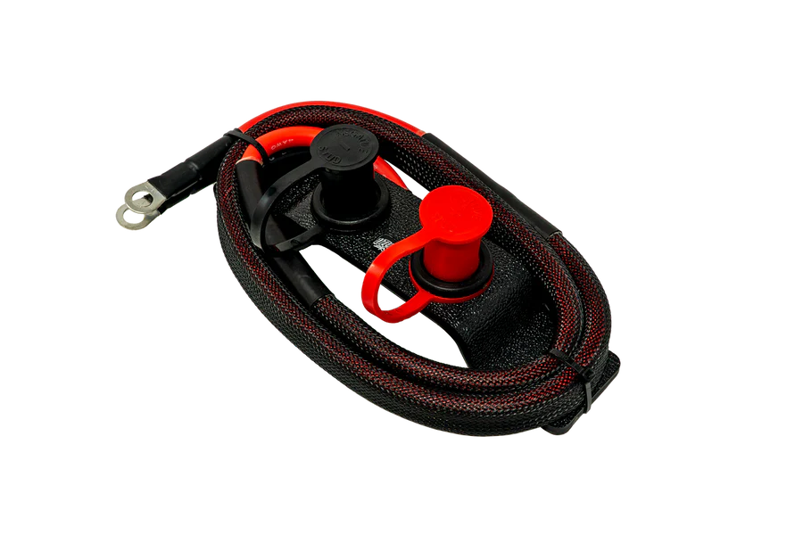 Red and black automotive battery cable.