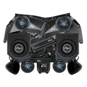 Audio system components on a black background.