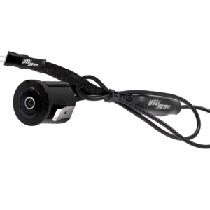 Black camera with attached cable on black background.