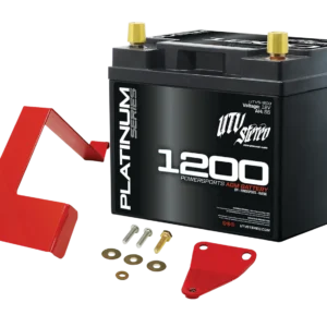 Car battery with red mounting bracket.