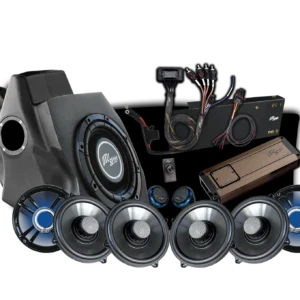 Car audio system components on black background.