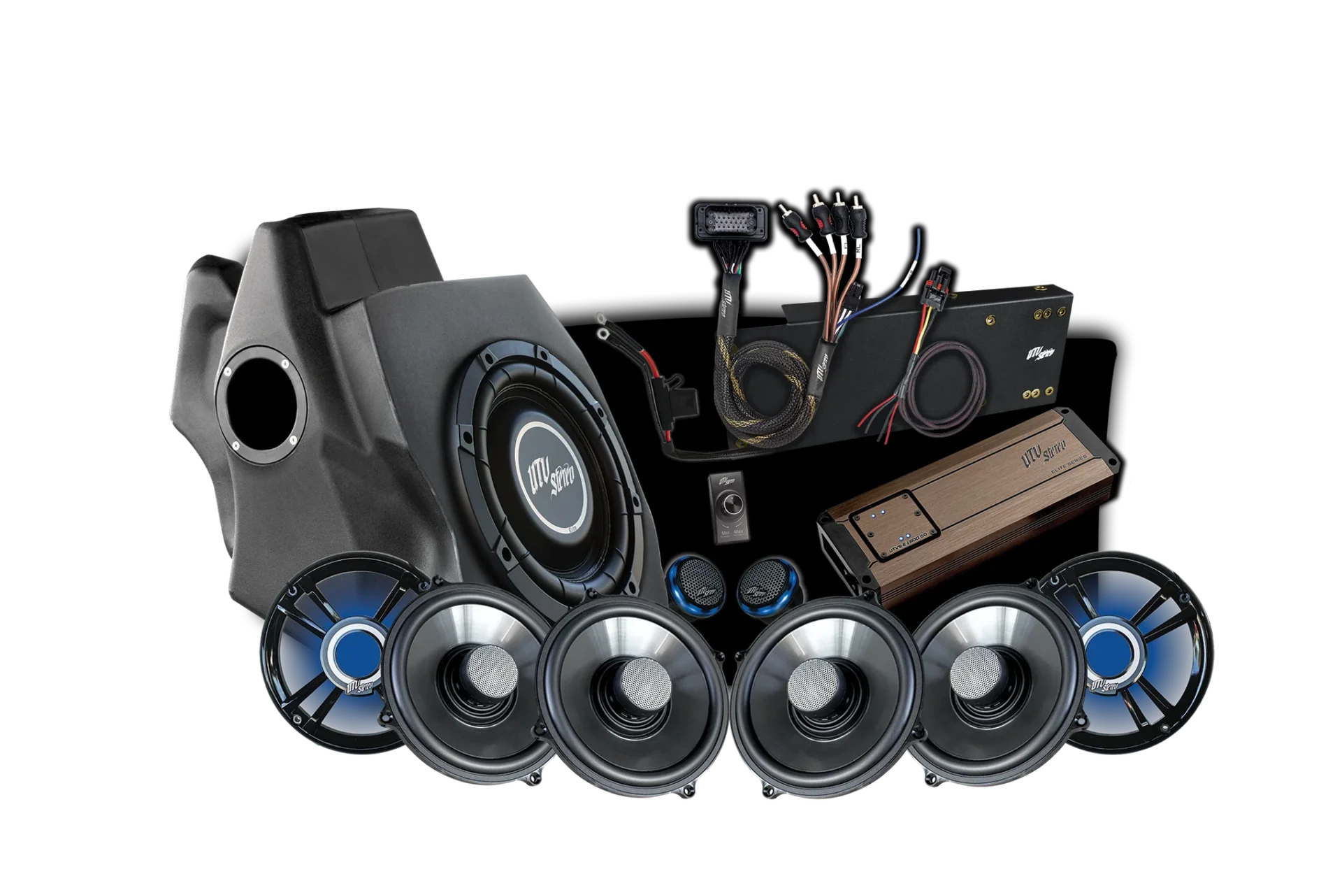 Car audio system components on black background.