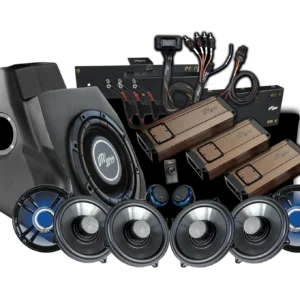 Car audio system components on black background.