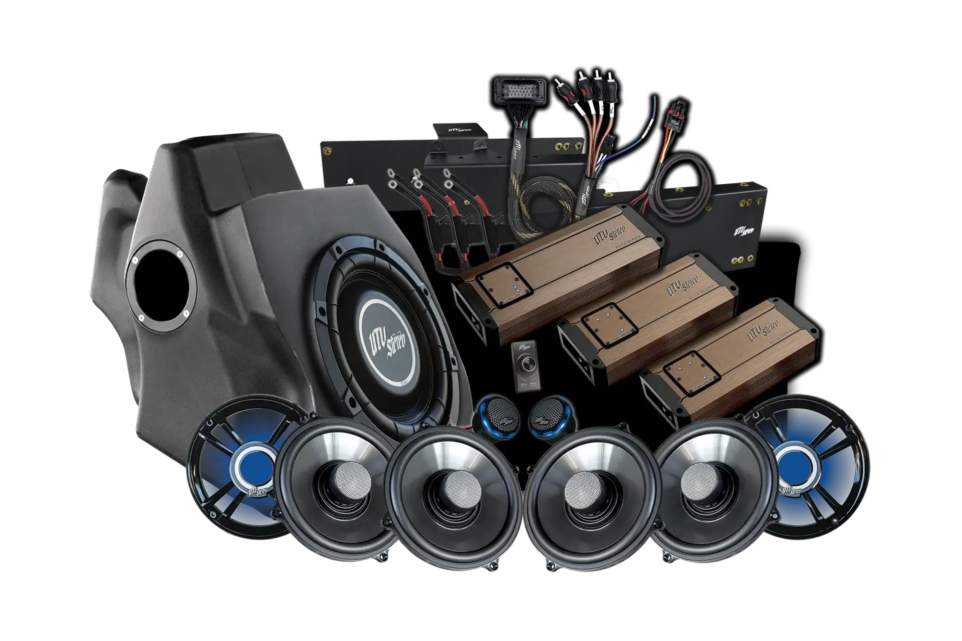 Car audio system components on black background.