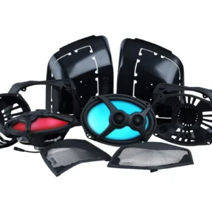 Black and colored motorcycle parts on display.