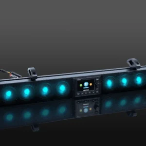 LED soundbar with glowing blue lights.