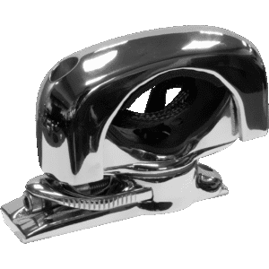 Chrome stapler on black background.