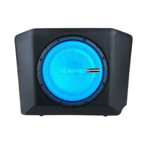 Blue subwoofer speaker with black enclosure.