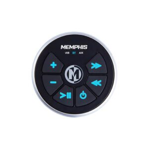 Round audio control panel with blue buttons.