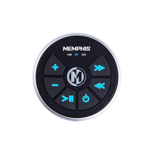 Round audio control panel with blue buttons.