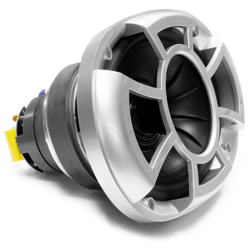 Car audio speaker with metallic design.