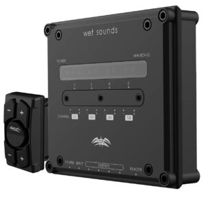 Black audio amplifier with control panel.