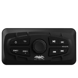 Black audio control panel with multiple buttons.